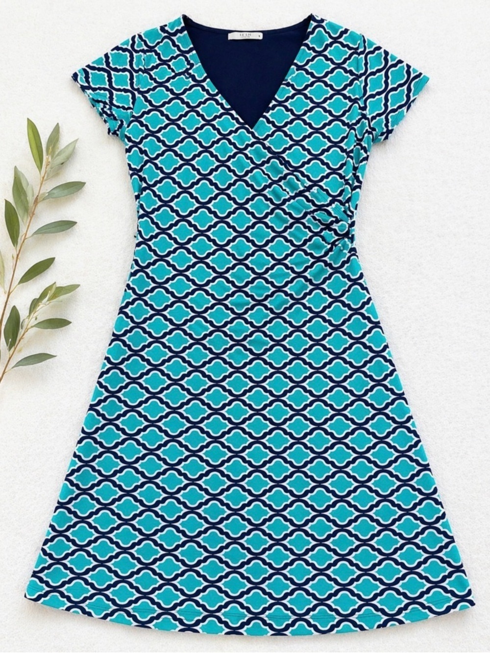 Le Lis Teal & Navy Geometric Wrap Midi Dress
